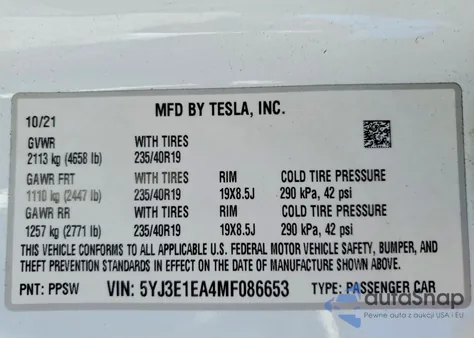 2021 Tesla Model 3 from USA, damaged, VIN 5YJ3E1EA4MF086653